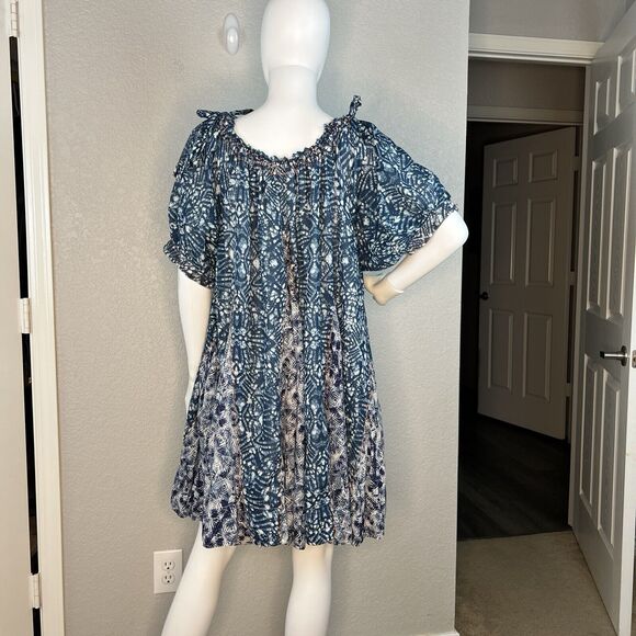 FREE PEOPLE Size S Jet Set Mini Dress Batik Blue The Off Shoulder Swing Pockets - Picture 6 of 9